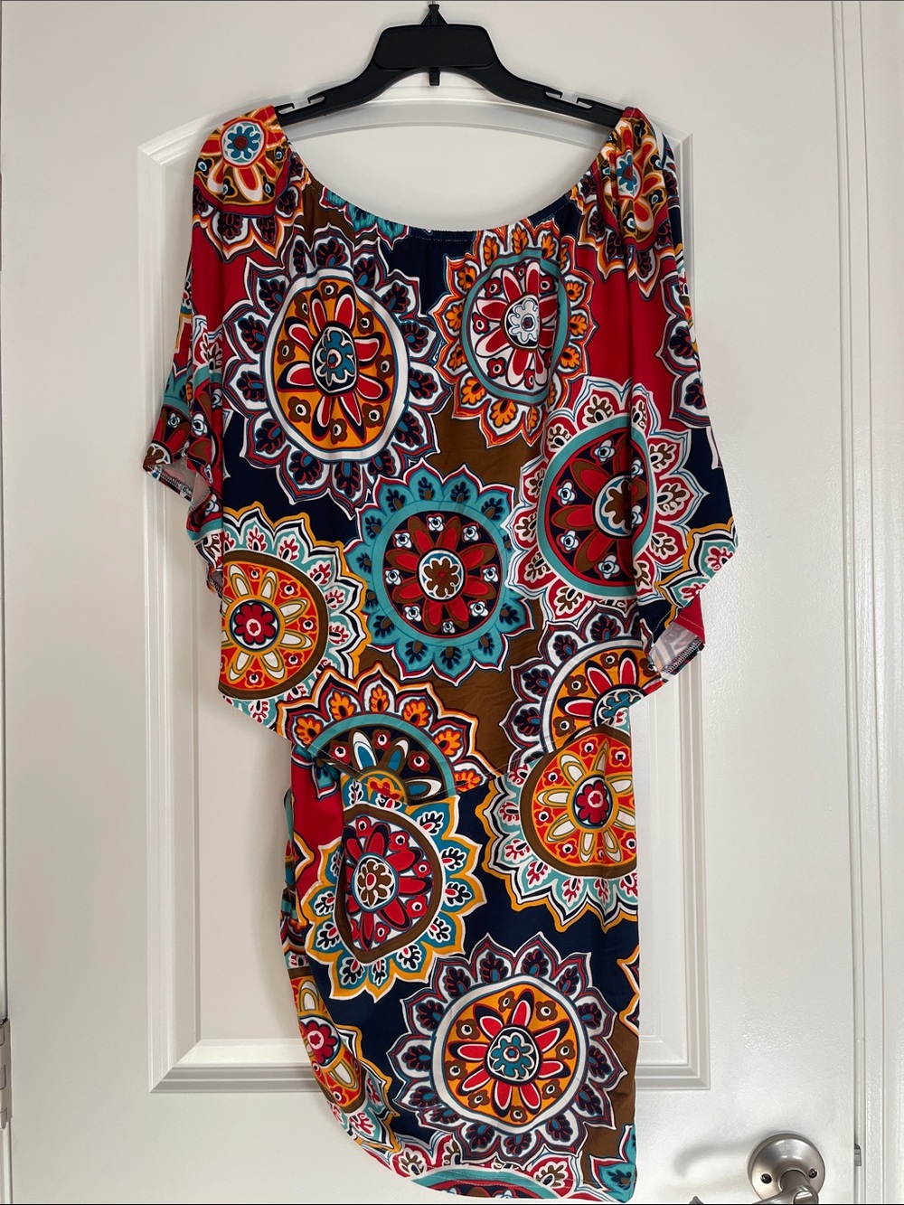 Bohemian Medallion Print Tunic Dress in Red & Navy
